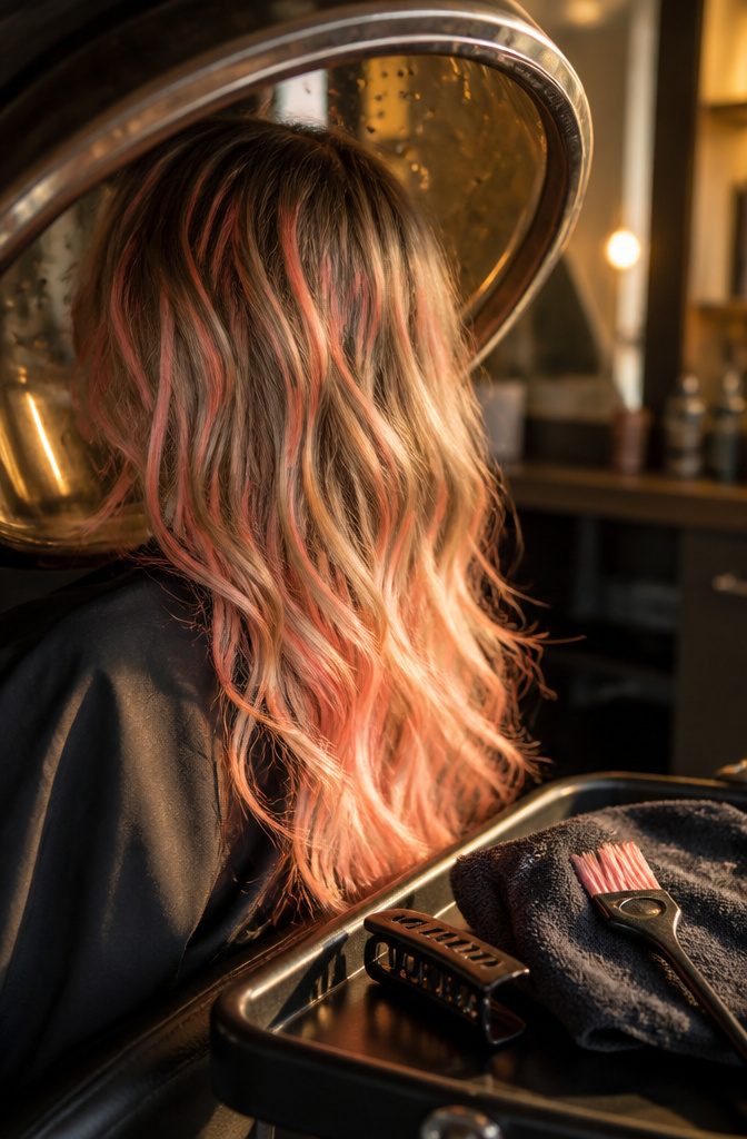 Dirty blonde hair with peach and coral pink highlights through the lengths