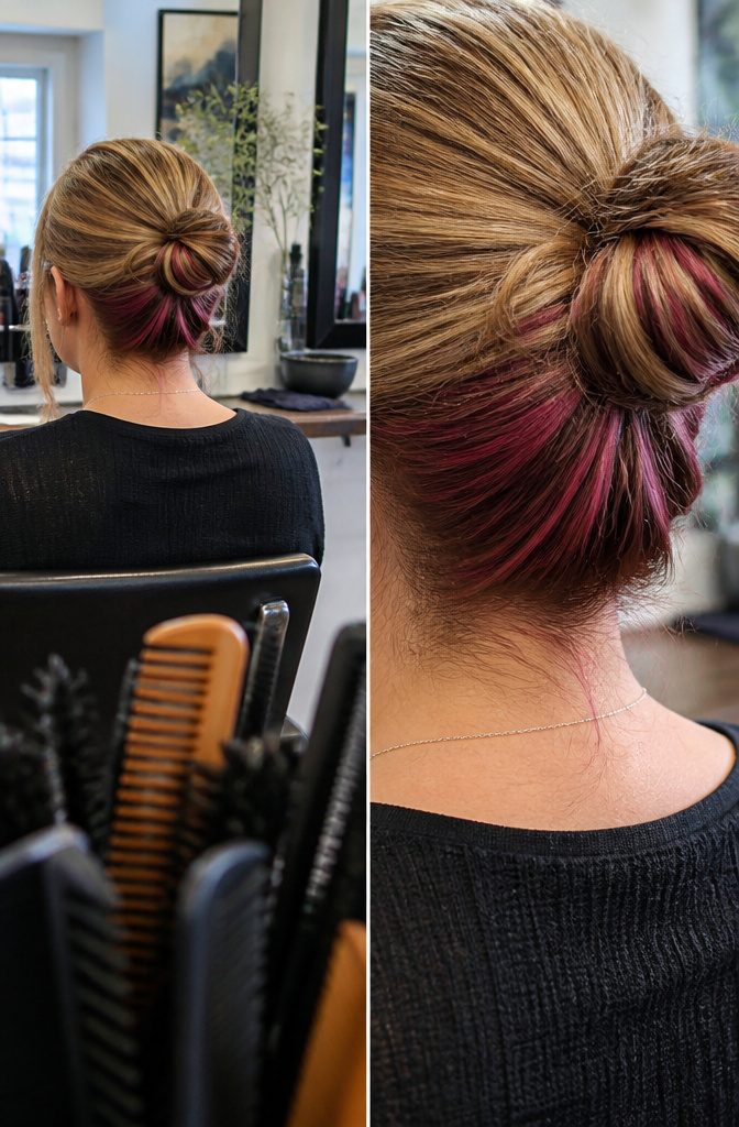 Dirty blonde hair lifted to reveal pink color underneath