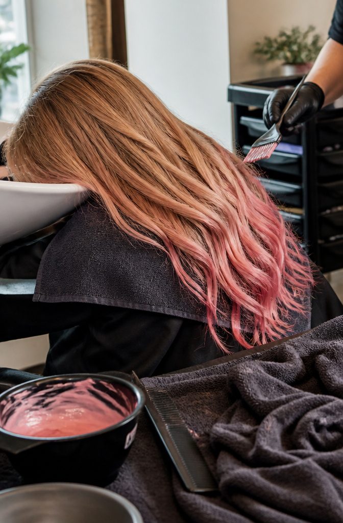 Caramel blonde hair with freehand pink color concentrated at the ends