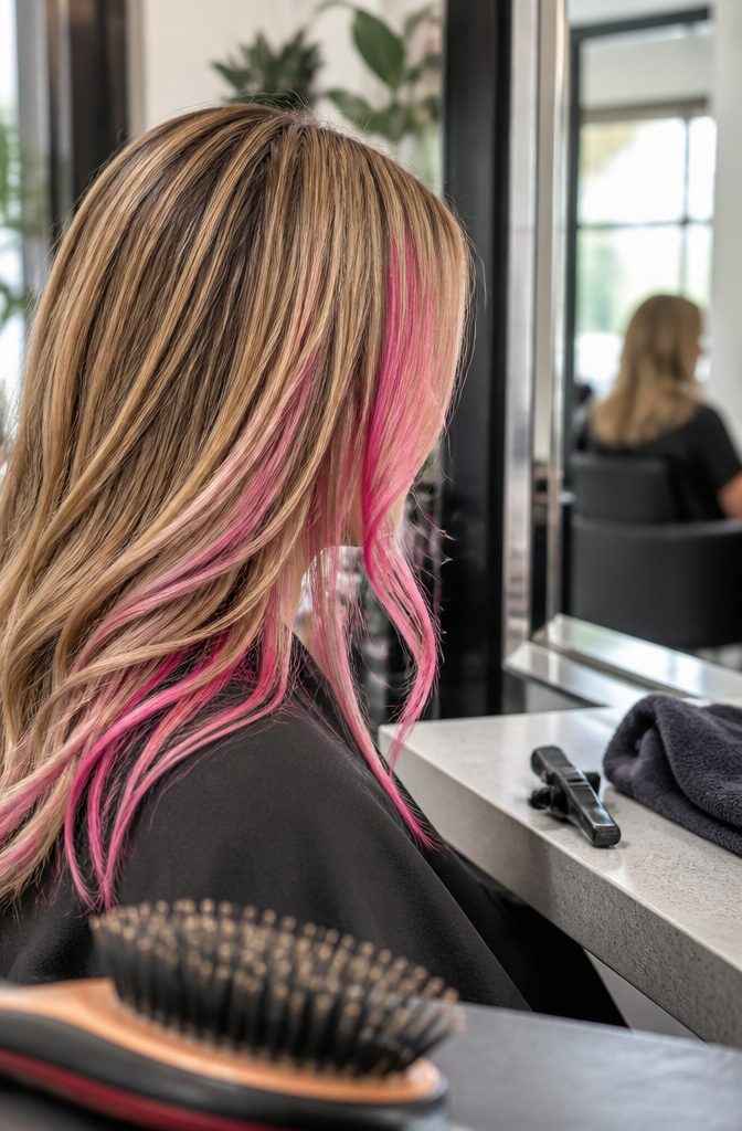 Dirty blonde hair with magenta sections framing the face