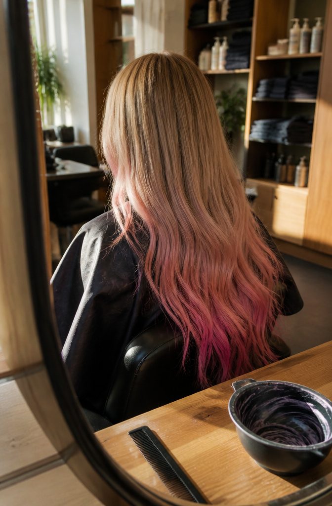 Long hair fading from dirty blonde roots to hot pink ends