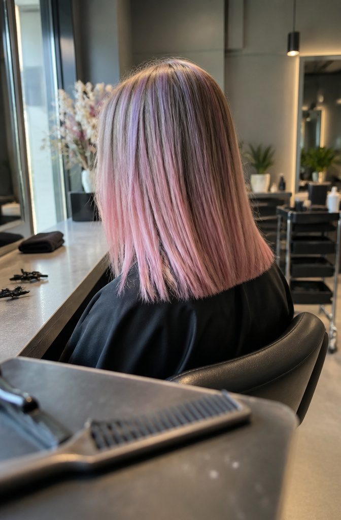 Straight dirty blonde hair shifting from lilac near the roots to soft pink