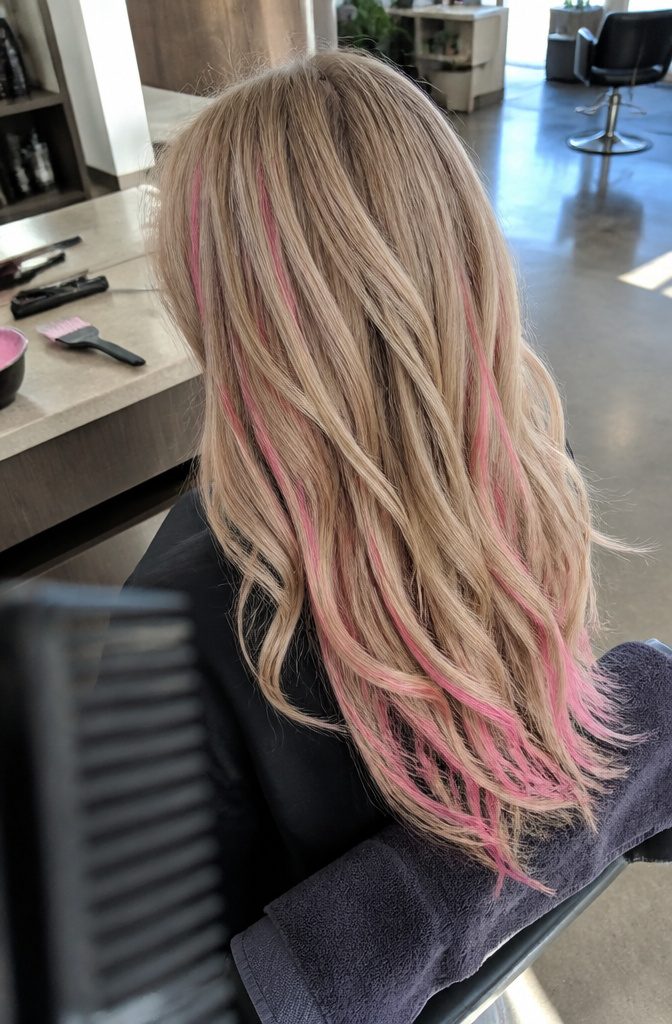 Dirty blonde hair with pink ribbons and wider streaks in varied widths