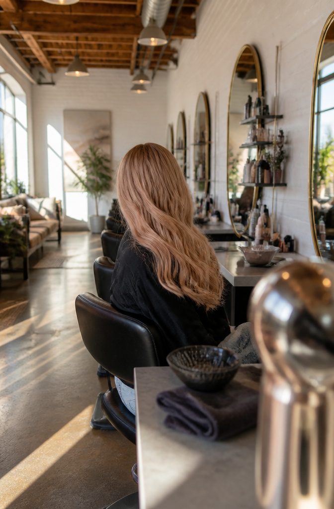 Dirty blonde hair with blended rose gold pink tones and a copper sheen