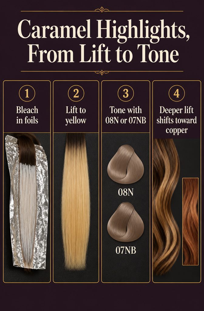 Caramel highlight diagram showing bleach foils, yellow lift, and toner shade names