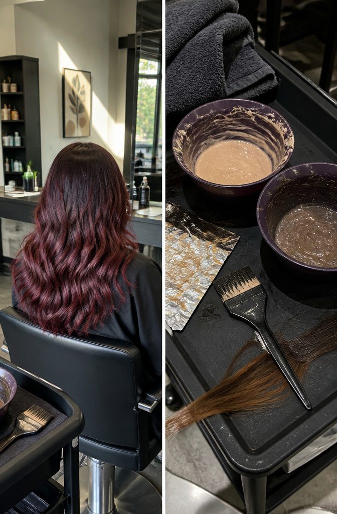 Hair showing natural roots and red-violet lengths as separate color starting points