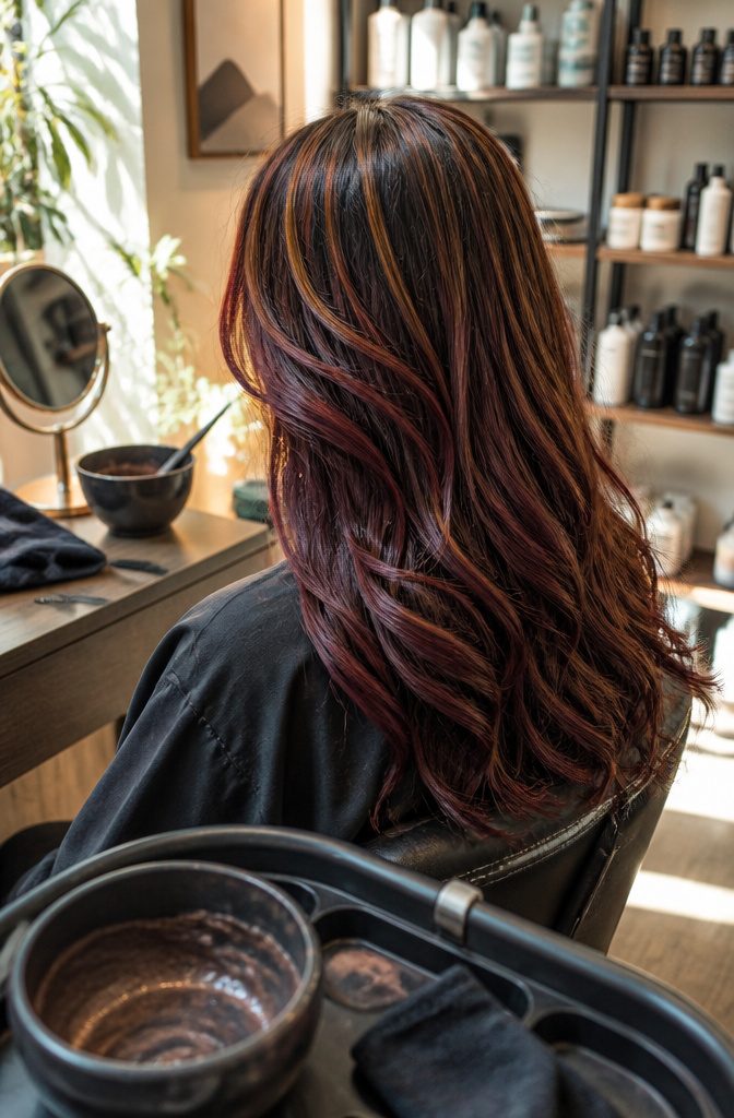 Client hair with red-violet lengths, natural dark regrowth, and caramel highlights