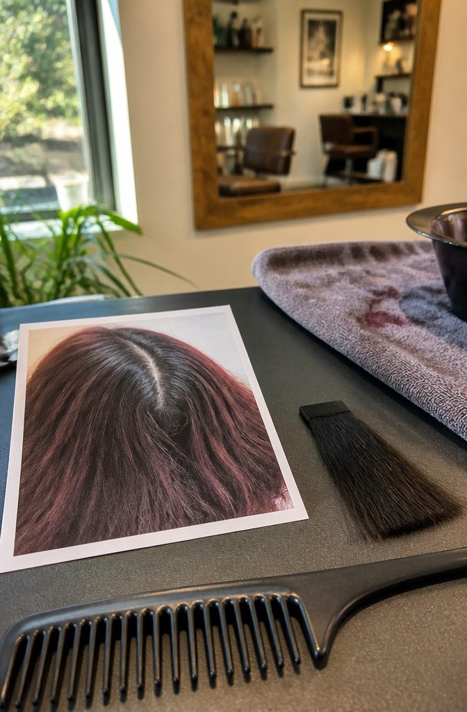 Dark regrowth beside red-violet lengths, with a hair photo, comb, and swatch