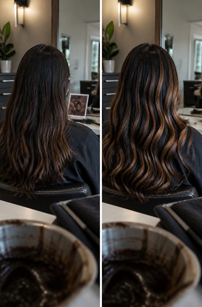 Dark brown hair color reference showing a range of brown shades