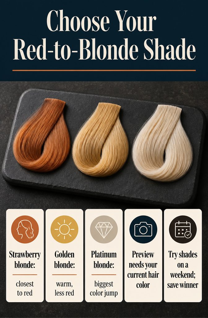 Red-to-blonde shade guide comparing strawberry blonde golden blonde and platinum