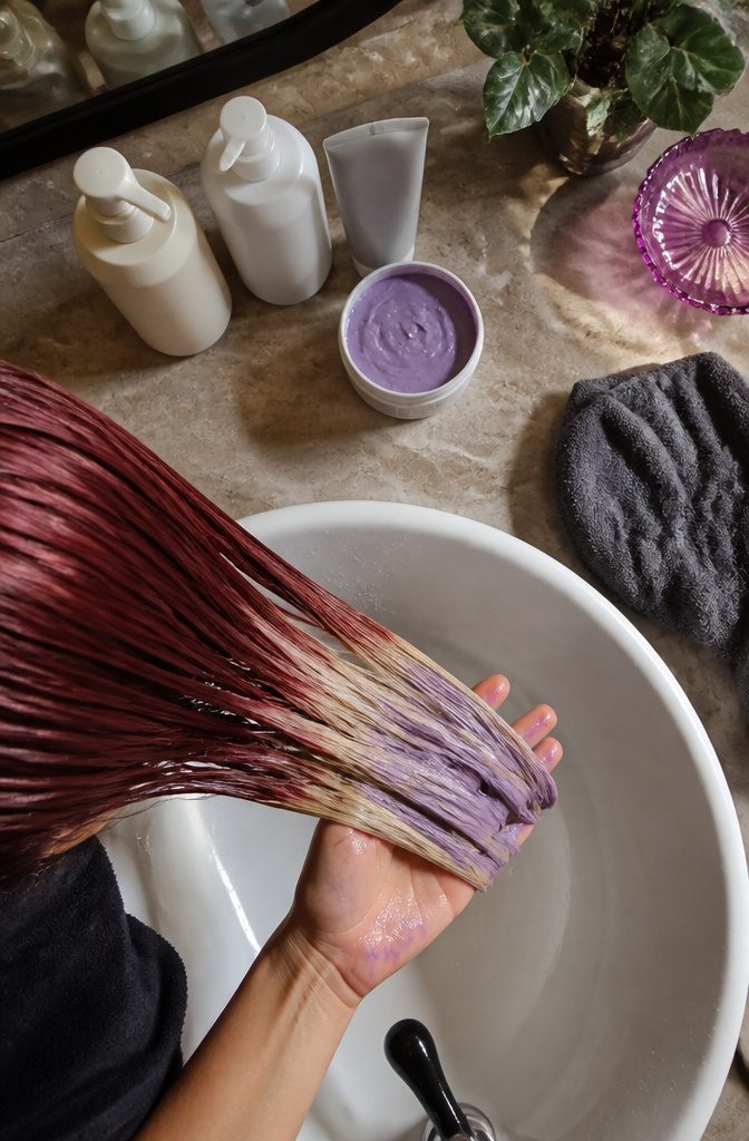 Hair care products for blonde color-treated hair including shampoo conditioner and toner
