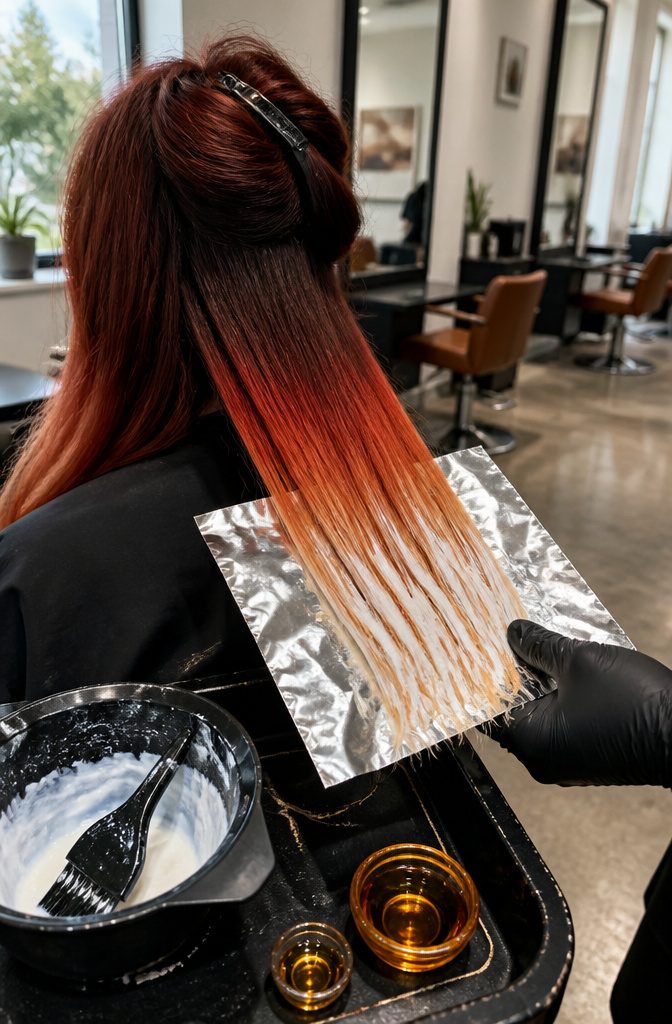 Red hair with blonde ends lightened for an ombré effect