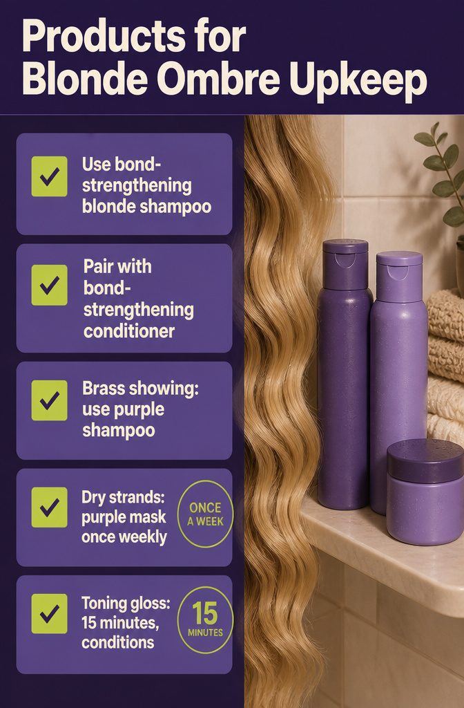 Blonde ombré hair care products including purple shampoo conditioner and mask