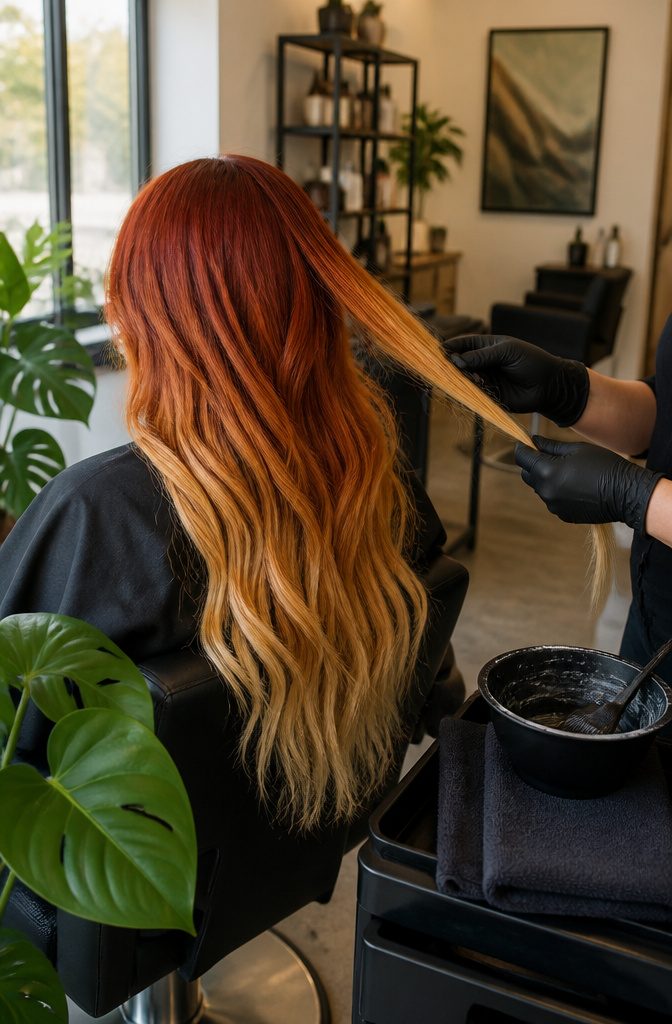 Long hair showing a gradual red copper gold and blonde ombré