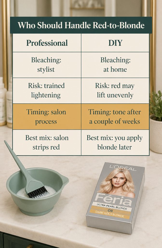 Guide comparing professional red-to-blonde lightening with DIY blonde color