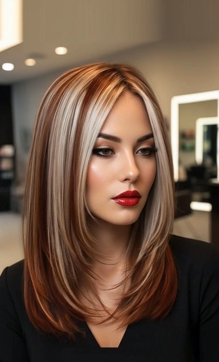 Woman with layered reddish brown hair and blonde highlights in a salon