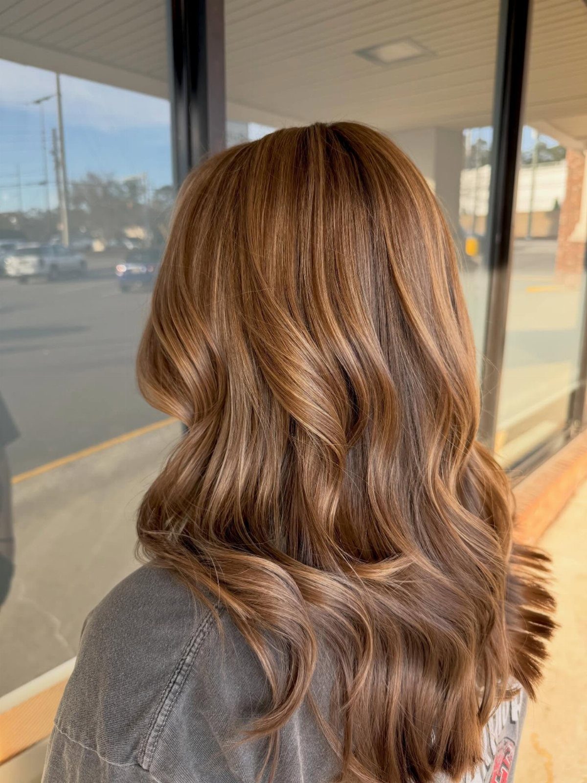 Wavy auburn-brown hair with blended caramel highlights seen from behind
