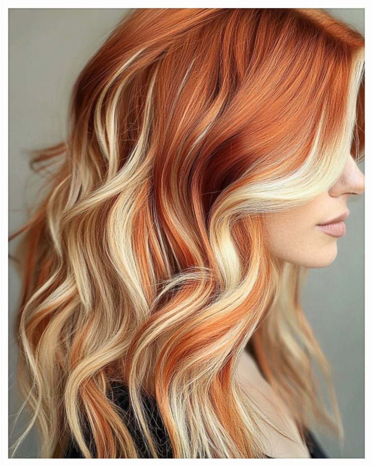 Wavy ginger-red hair with broad blonde highlights framing the face
