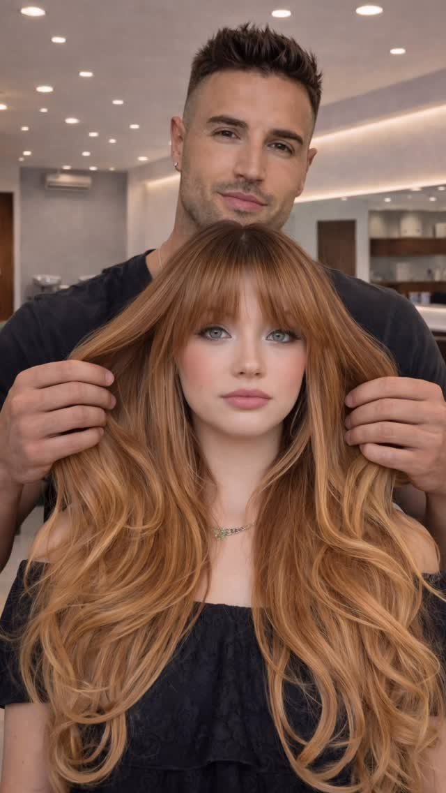 Woman with long strawberry-blonde waves and lighter golden pieces in a salon