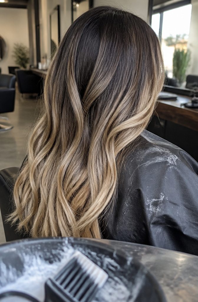 Balayage hair with painted lighter ends and a darker blended root area