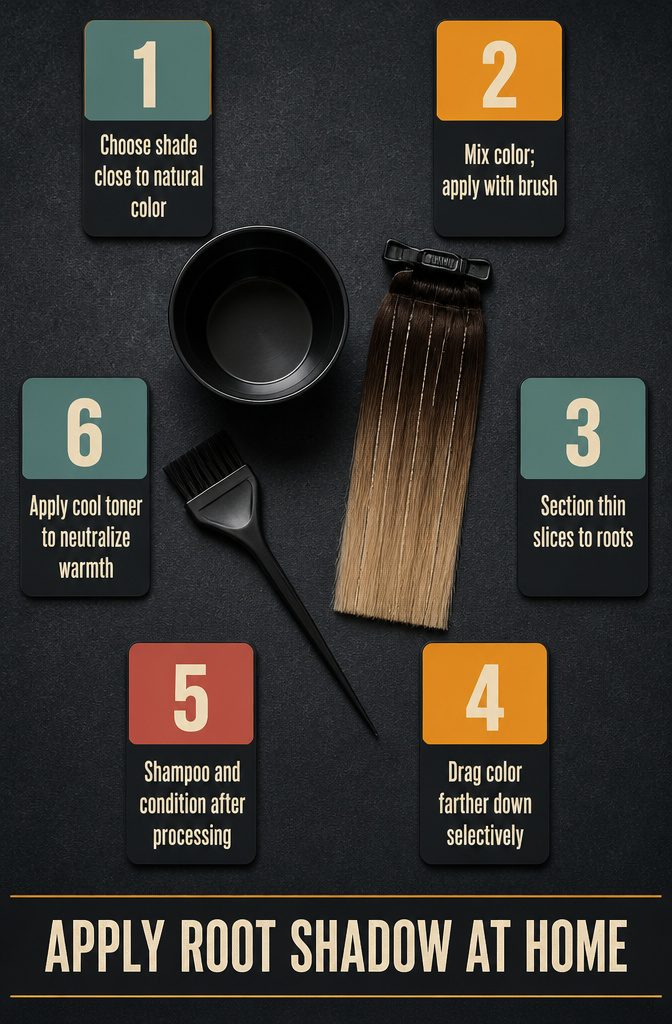 Hair coloring diagram with a brush dragging root color into lighter hair