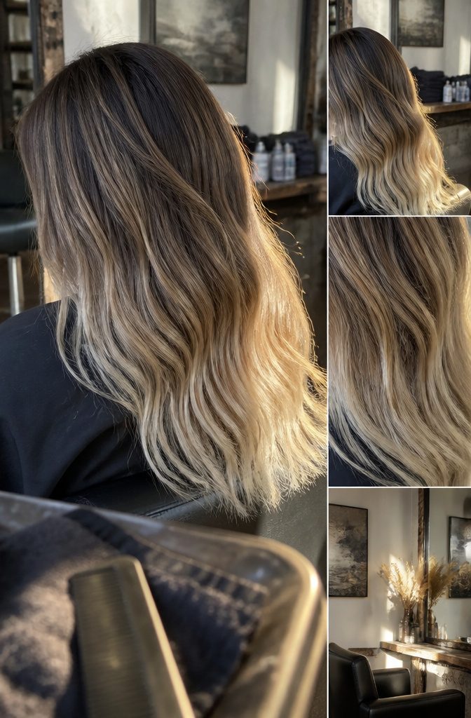 Balayage hair with a darker root and lighter lengths