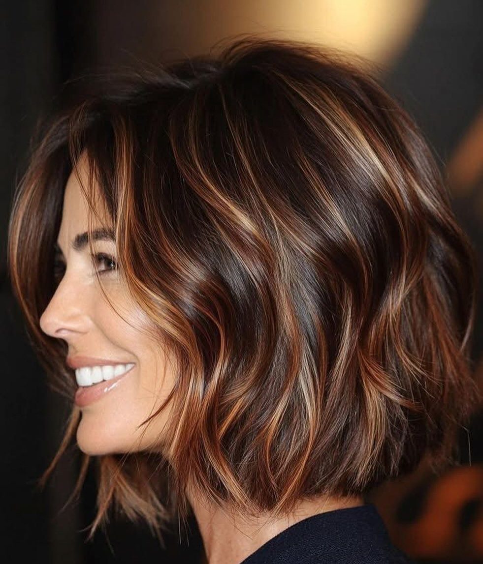Short dark bob with reddish auburn balayage highlights and loose waves