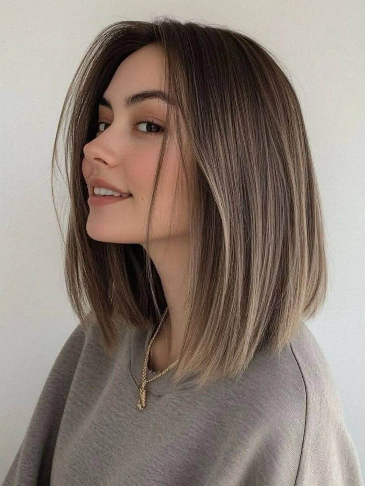 Woman with a shoulder-length brunette bob and blended blonde balayage highlights