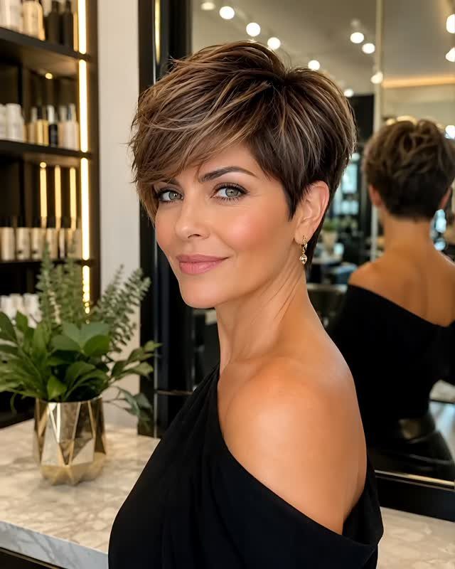 Woman with a short highlighted brown pixie cut posing in a salon