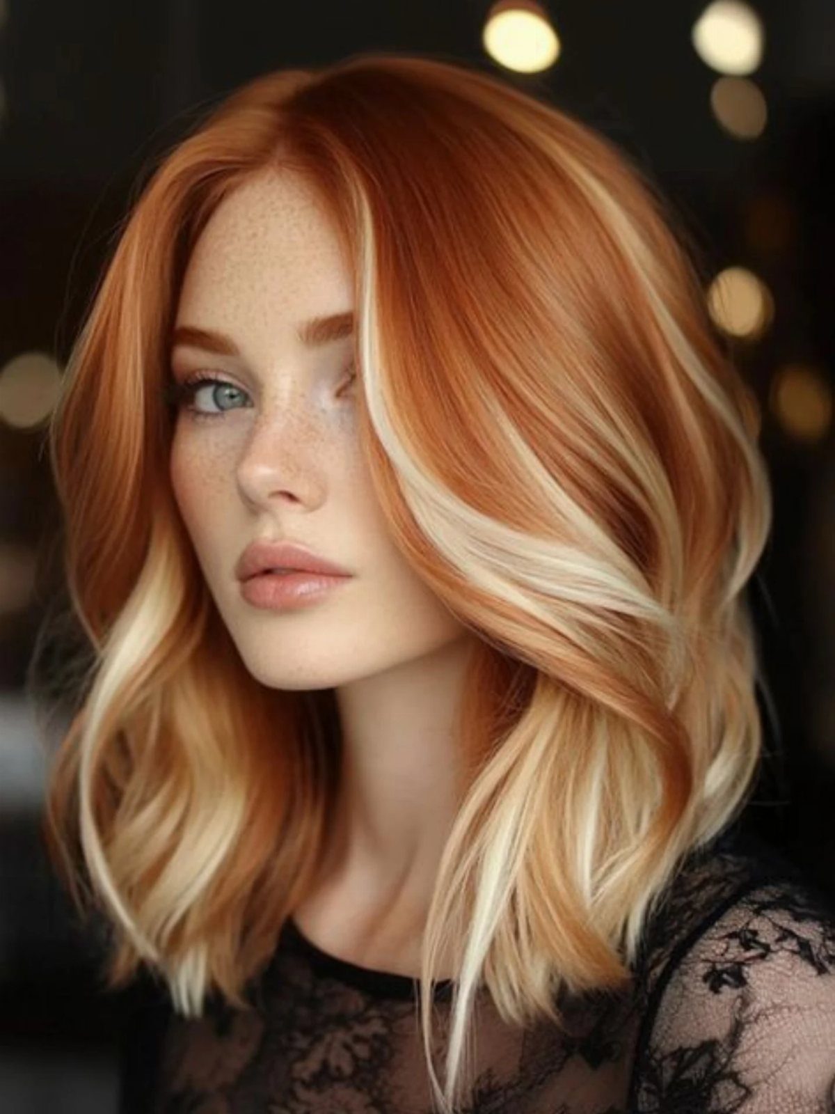 Woman with shoulder-length strawberry blonde hair and pale blonde highlights