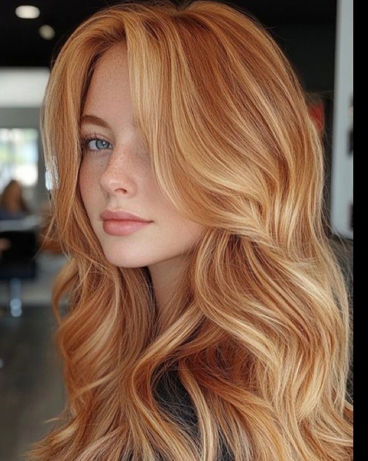Woman with long strawberry blonde hair and blonde highlights in loose waves