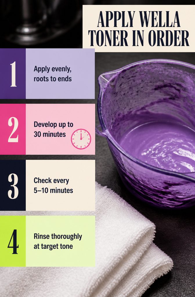 Toner application steps graphic with roots to ends instructions
