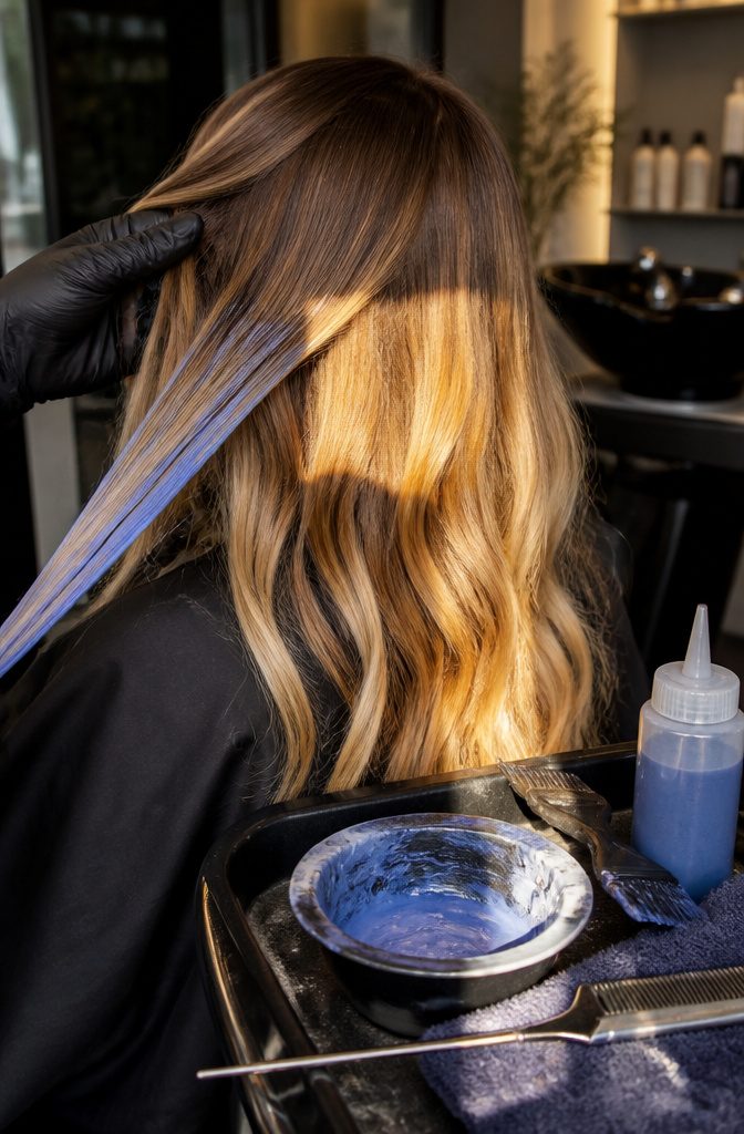 Darker blonde hair with copper warmth and blue-toned strands