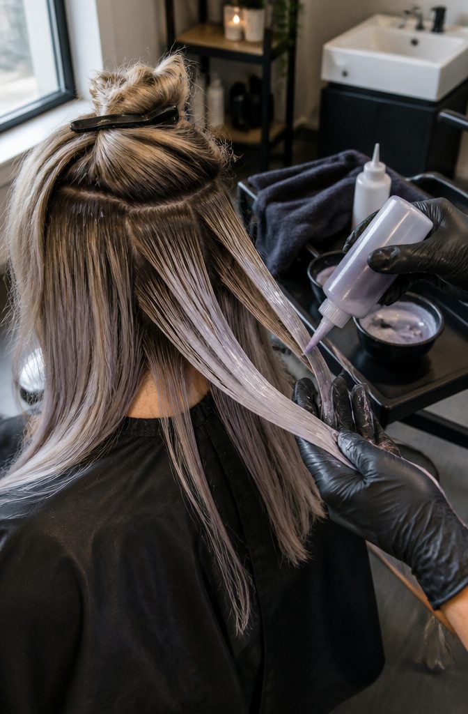 Blonde highlights with a soft ash tone against darker roots