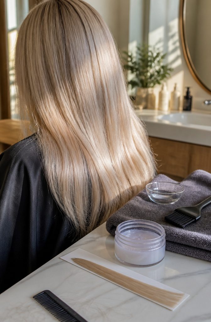 Smooth blonde strands reflecting light with a glossy finish