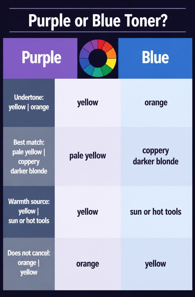 Purple and blue toner swatches beside yellow and orange hair samples