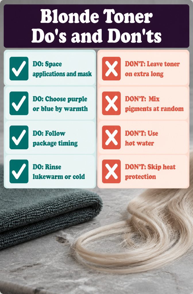 Blonde hair beside a checklist of toner care tips