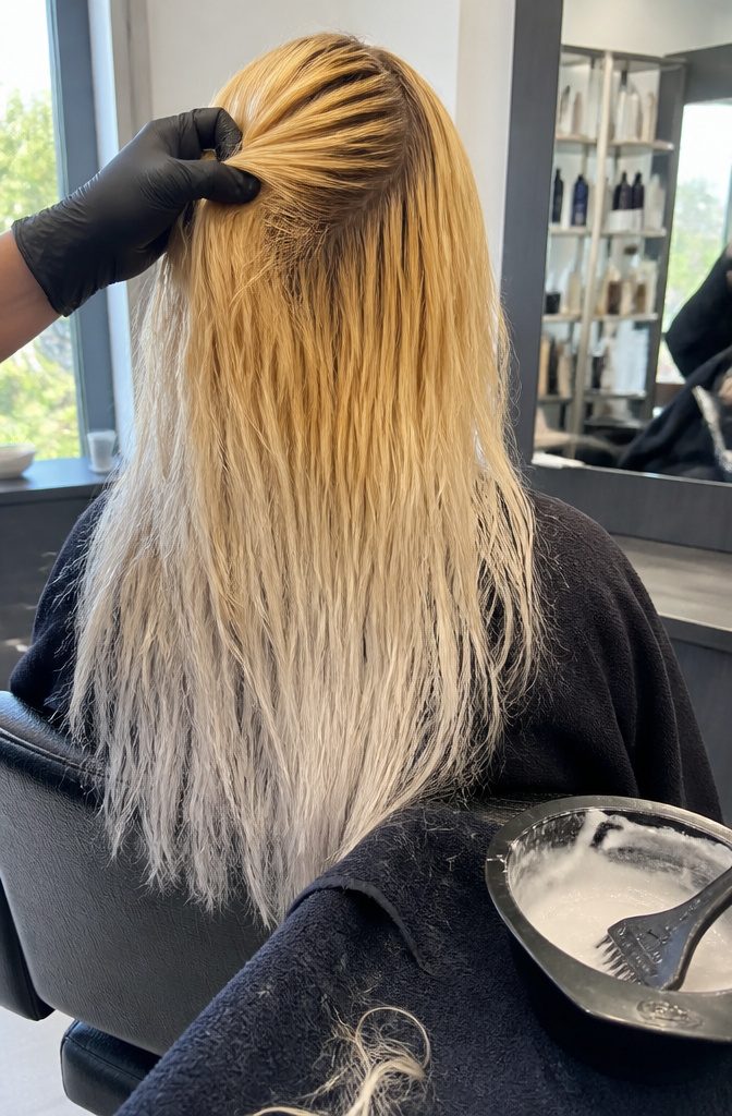 Blonde hair with a pale platinum finish in a salon portrait