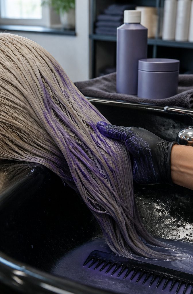 Purple shampoo bottle and hair mask beside blonde strands