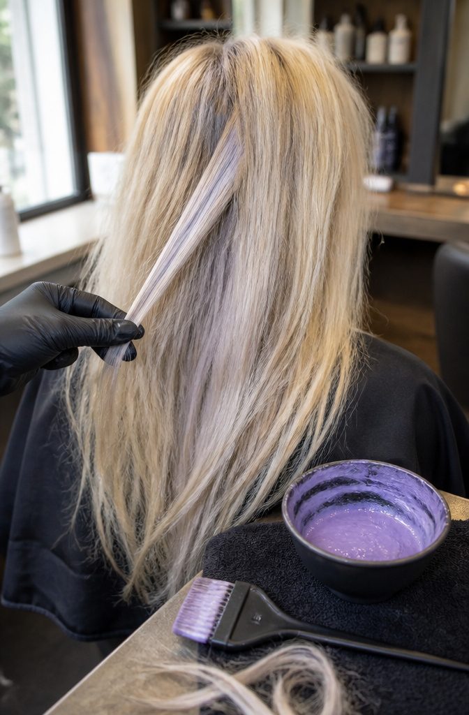 Bright blonde hair with a cool violet-toned finish