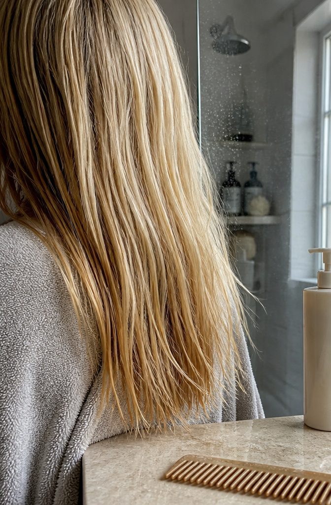 Blonde hair strands with pale yellow and gold sections and dry ends