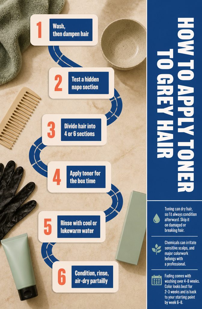 Graphic listing steps for applying toner to grey hair