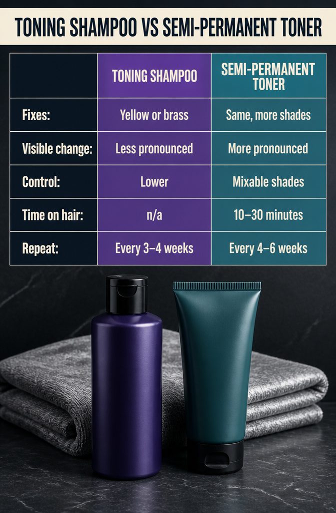 Comparison graphic for toning shampoo and semi-permanent toner