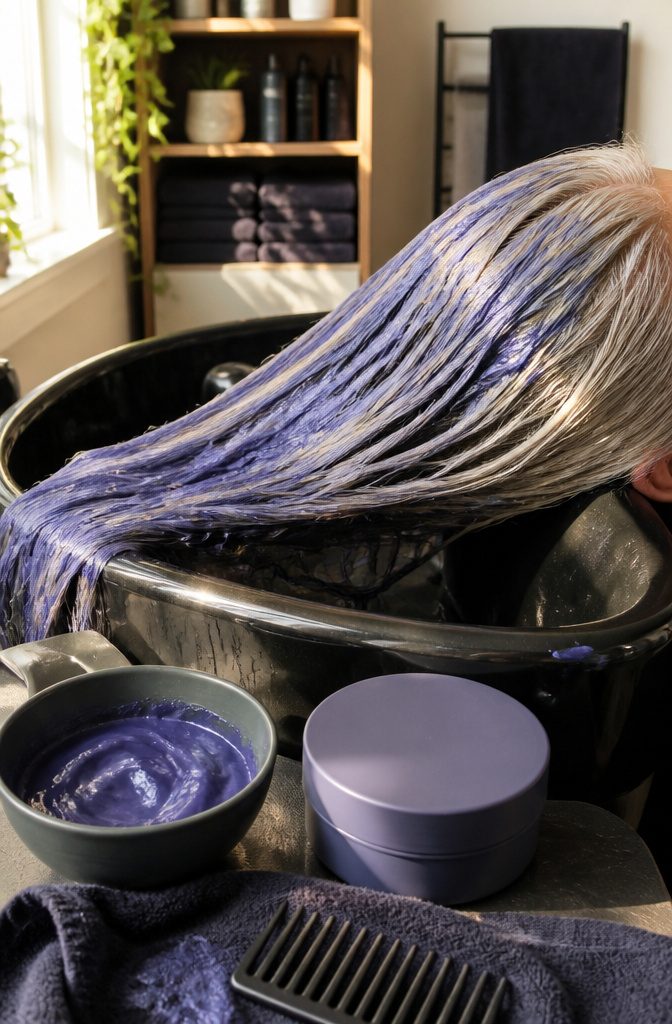 Grey hair coated in violet-blue pigment beside a bowl and conditioner