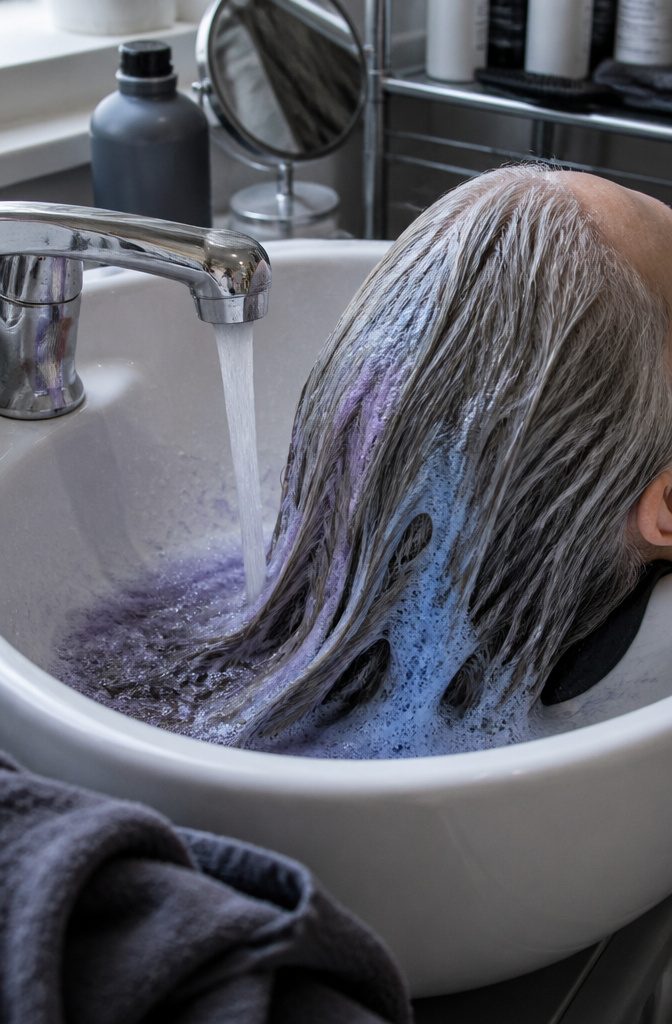 Purple and blue shampoo bottles beside natural grey hair