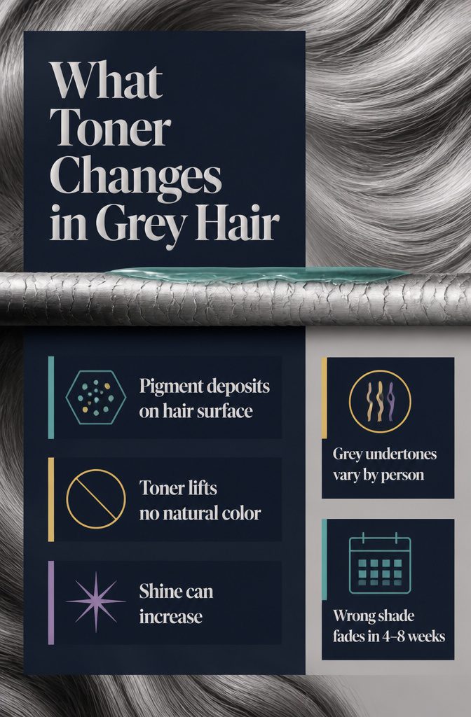 Graphic explaining pigment deposit on grey hair and showing hair strands