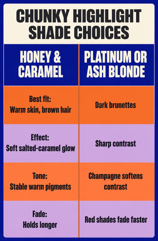 Hair color swatches showing honey caramel platinum and red highlight choices