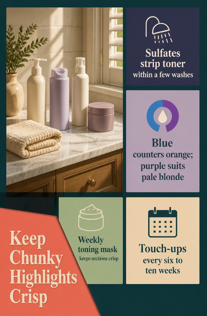 Color-safe shampoo conditioner and toning products for blonde highlights