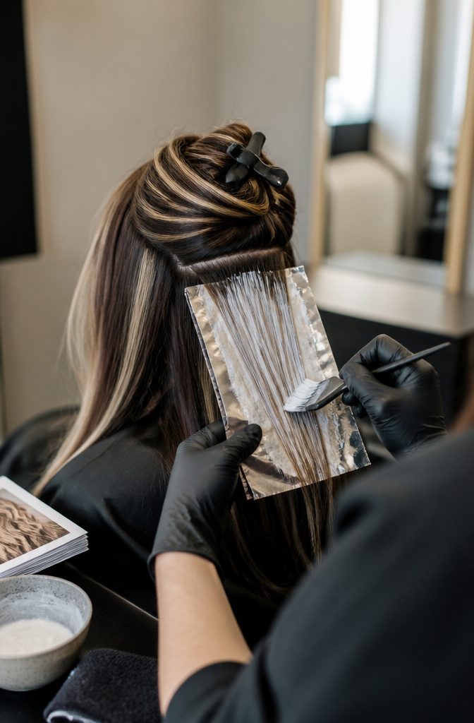 Dark hair with thick blonde ribbons showing high contrast and shine