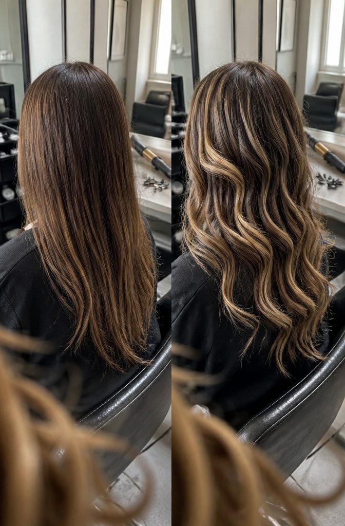 Chunky highlighted hair styled in textured waves and sleek straight sections